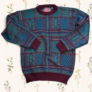 Vintage 90s CRT & CO Textured Geometric Grid Grandpa Sweater - Large